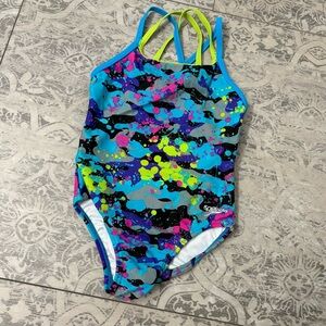Speedo | Solid Splice Cross-Back One-Piece Swimsuit Colored Splatter | SZ 5